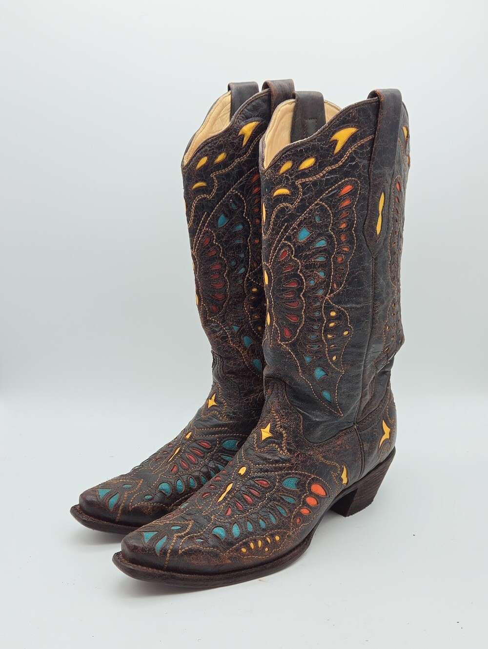Corral Boots Yellow Red Turquoise Butterfly Boots Size 10